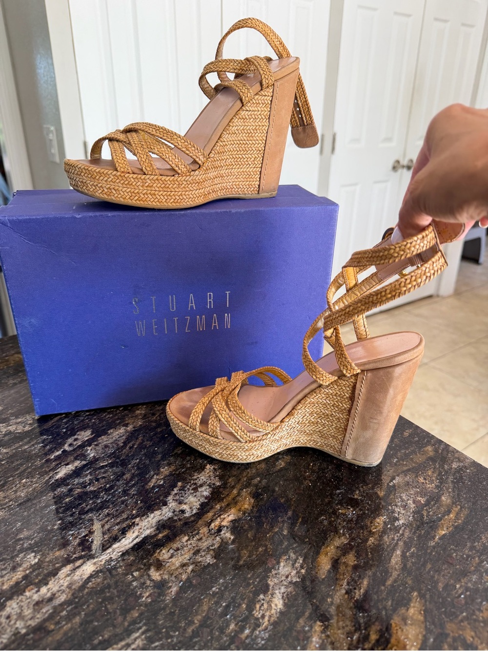 Stuart Weitzman Braided Tan Wedge Sandals - Picture 2 of 8